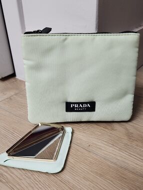 Prada Light Green Black Small Double Pouch Bag + Double Triangle Pocket Mirror